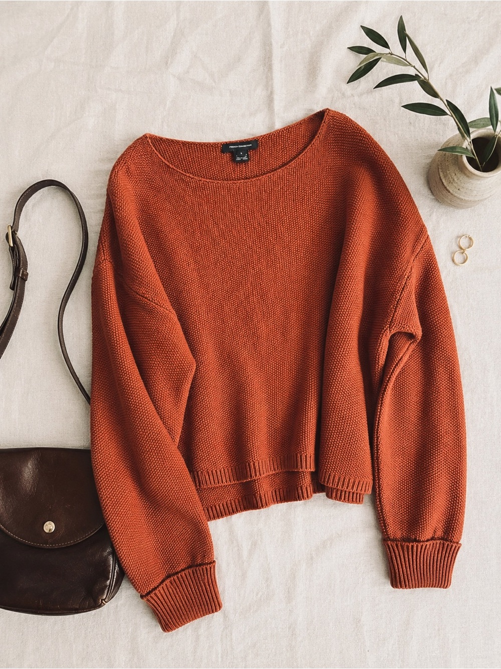 French Connection Boatneck Moss relaxed Copper cotton sweater L
